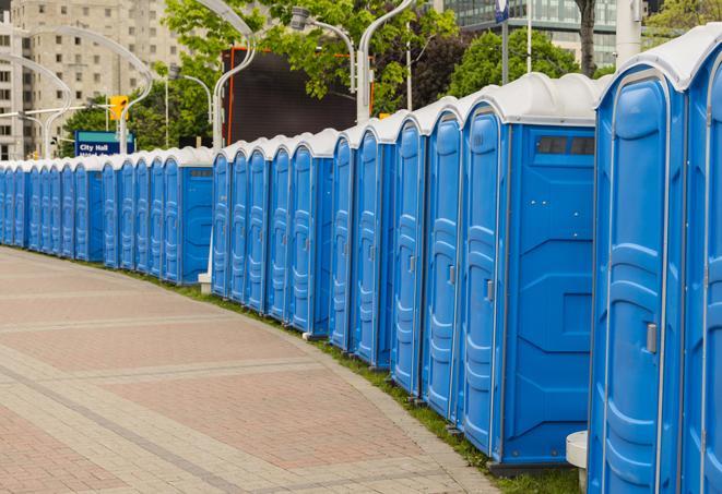 a line of portable restrooms at an outdoor wedding, catering to guests with style and comfort in Ellington